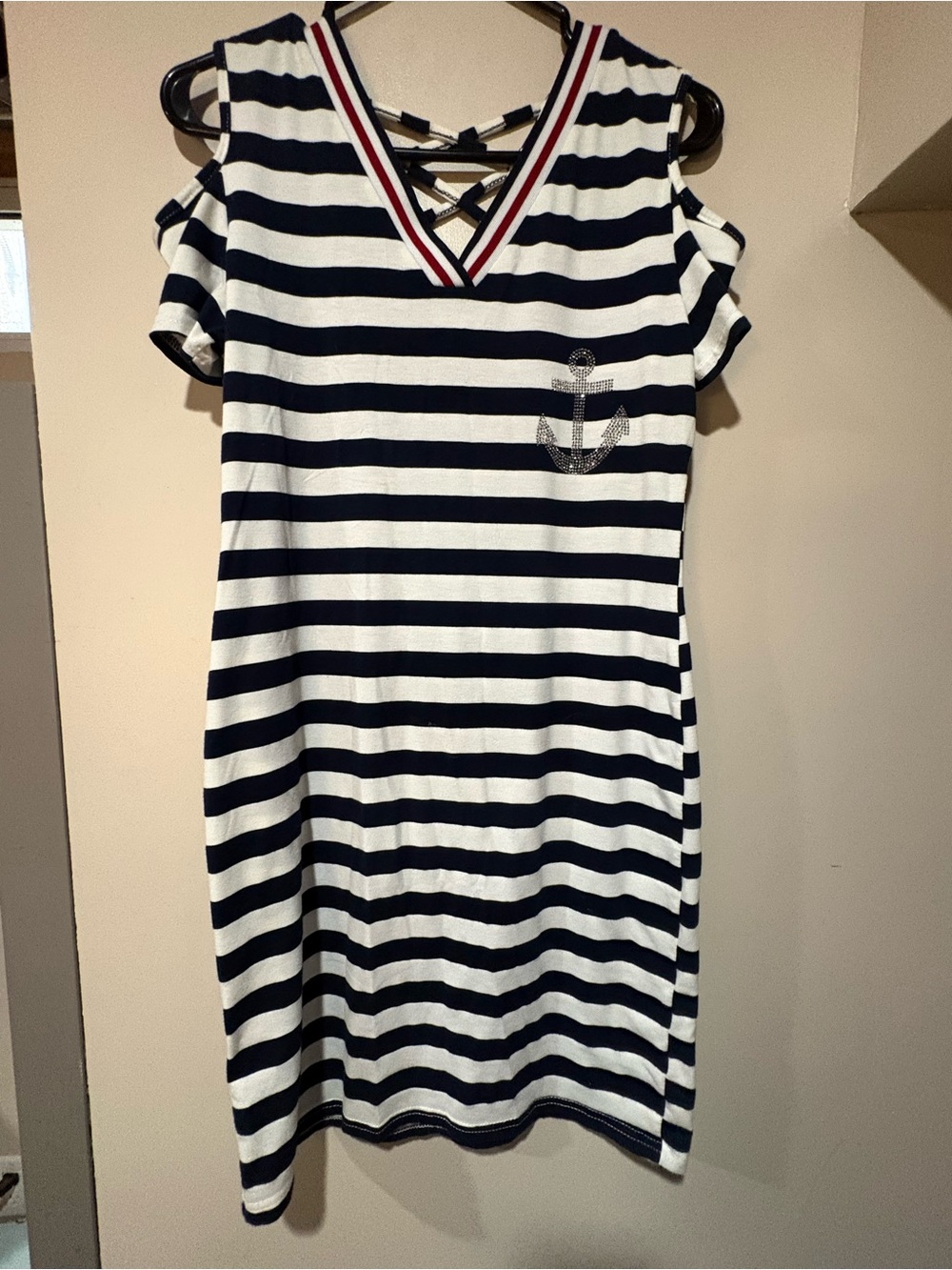 Navy & White Striped Cold-Shoulder Dress with Anchor Detail